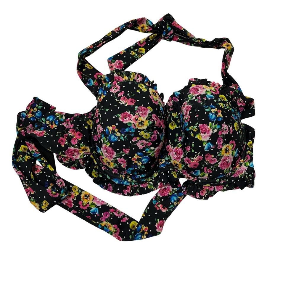 Hot Topic Bikini Top Black Floral Ruffle Underwire 2X Retro Pinup Rockabilly